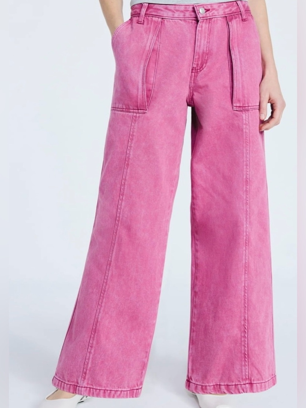 Scoop Pink Wide Leg Jeans Acid Wash Utility Pockets Mid Rise Size 8 EUC